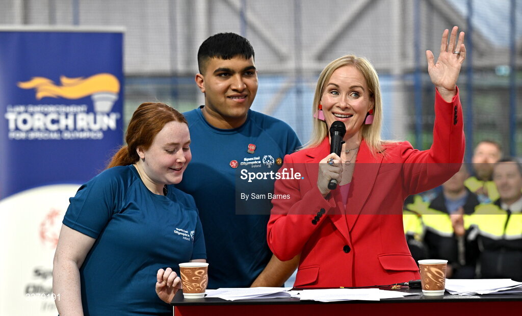 5 March 2026; Special Olympics Ireland Chief Executive Karen Coventry, right, with Special Olympics athletes,  Ashwin Maliyakal, centre, and Dara Kiernan, left, during the Special Olympics Ireland Summer Games launch at the National Indoor Arena on the Sport Ireland Campus in Dublin. Photo by Sam Barnes/Sportsfile