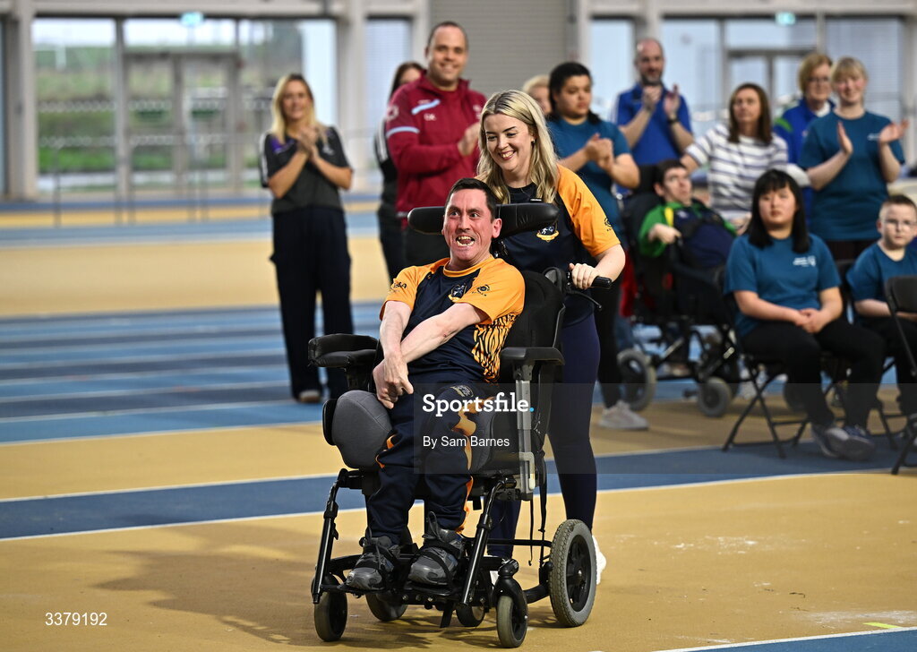 5 March 2026; Special Olympics athlete Francis Donnelly from Dublin, with his chaperone Lauren Hall during the Special Olympics Ireland Summer Games launch at the National Indoor Arena on the Sport Ireland Campus in Dublin. Photo by Sam Barnes/Sportsfile