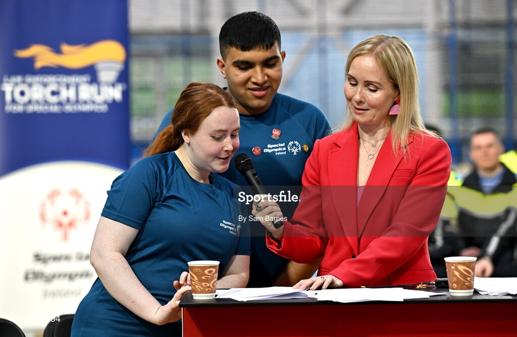 5 March 2026; Special Olympics Ireland Chief Executive Karen Coventry, right, with Special Olympics athletes,  Ashwin Maliyakal, centre, and Dara Kiernan, left, during the Special Olympics Ireland Summer Games launch at the National Indoor Arena on the Sport Ireland Campus in Dublin. Photo by Sam Barnes/Sportsfile