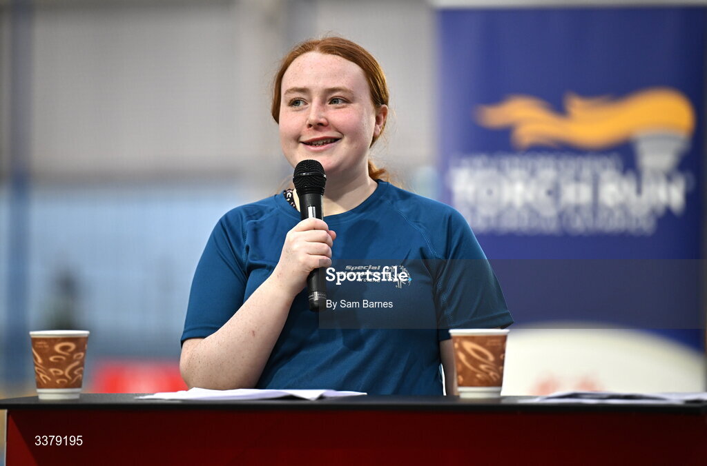 5 March 2026; Special Olympics Athlete Dara Kiernan addresses the audience during the Special Olympics Ireland Summer Games launch at the National Indoor Arena on the Sport Ireland Campus in Dublin. Photo by Sam Barnes/Sportsfile