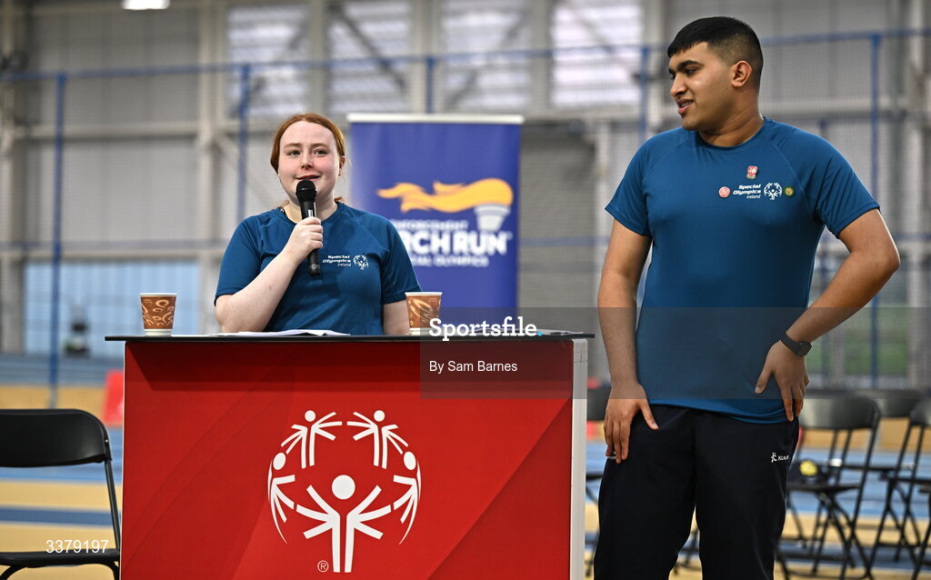 5 March 2026; Special Olympics Athletes Dara Kiernan, left, and Ashwin Malikaya address the audience during the Special Olympics Ireland Summer Games launch at the National Indoor Arena on the Sport Ireland Campus in Dublin. Photo by Sam Barnes/Sportsfile