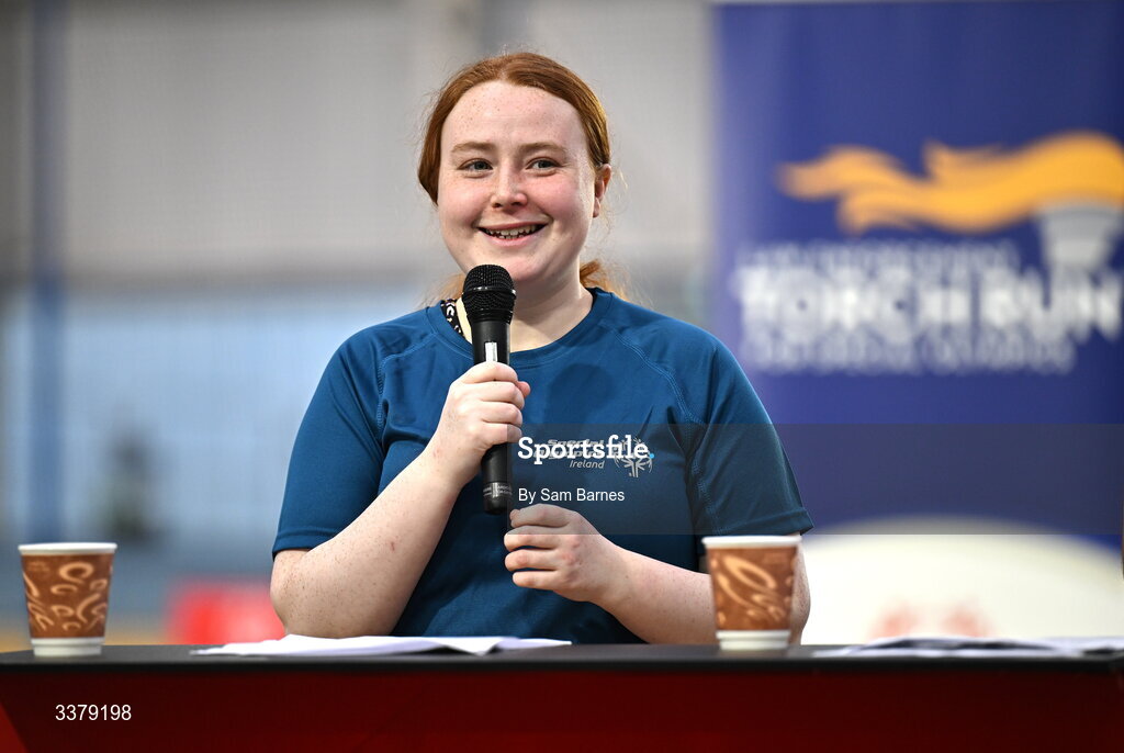 5 March 2026; Special Olympics Athlete Dara Kiernan, l addresses the audience during the Special Olympics Ireland Summer Games launch at the National Indoor Arena on the Sport Ireland Campus in Dublin. Photo by Sam Barnes/Sportsfile