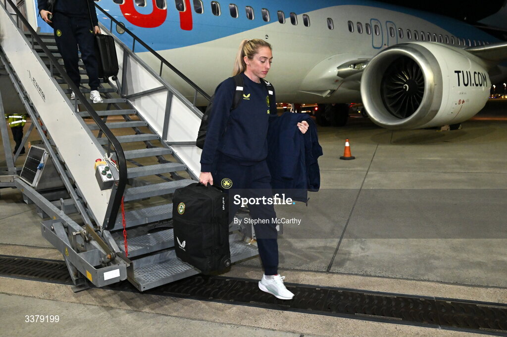 5 March 2026; Republic of Ireland's Megan Connolly at Amsterdam's Schiphol Airport following Republic of Ireland women's travel to the Netherlands for their 2027 FIFA Women’s World Cup Qualifier against the Netherlands in Utrecht on Saturday. Photo by Stephen McCarthy/Sportsfile
