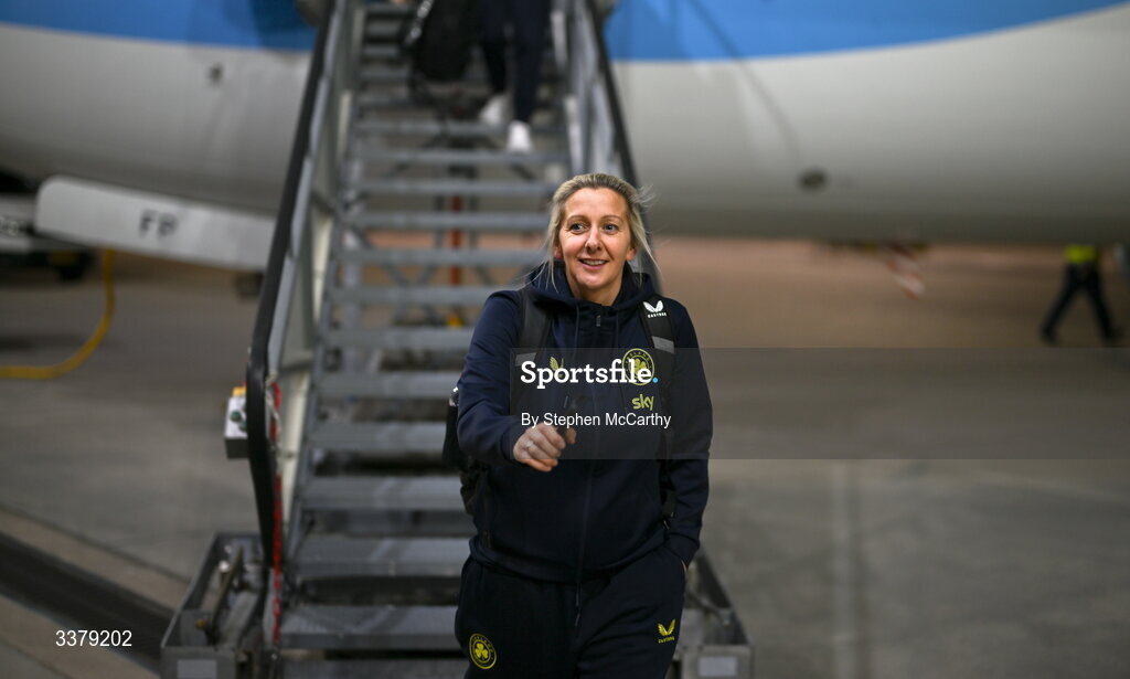 5 March 2026; Republic of Ireland head coach Carla Ward at Amsterdam's Schiphol Airport following Republic of Ireland women's travel to the Netherlands for their 2027 FIFA Women’s World Cup Qualifier against the Netherlands in Utrecht on Saturday. Photo by Stephen McCarthy/Sportsfile