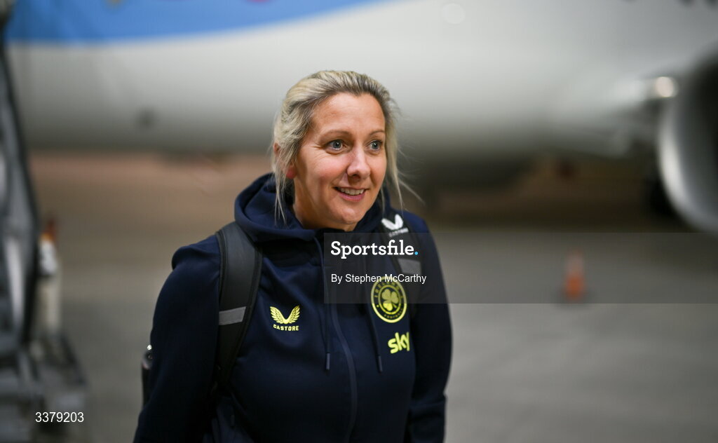 5 March 2026; Republic of Ireland head coach Carla Ward at Amsterdam's Schiphol Airport following Republic of Ireland women's travel to the Netherlands for their 2027 FIFA Women’s World Cup Qualifier against the Netherlands in Utrecht on Saturday. Photo by Stephen McCarthy/Sportsfile