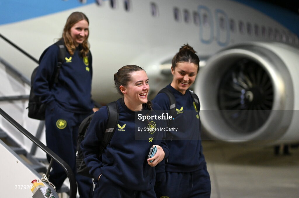 5 March 2026; Republic of Ireland's Tyler Toland and Caitlin Hayes, right, at Amsterdam's Schiphol Airport following Republic of Ireland women's travel to the Netherlands for their 2027 FIFA Women’s World Cup Qualifier against the Netherlands in Utrecht on Saturday. Photo by Stephen McCarthy/Sportsfile