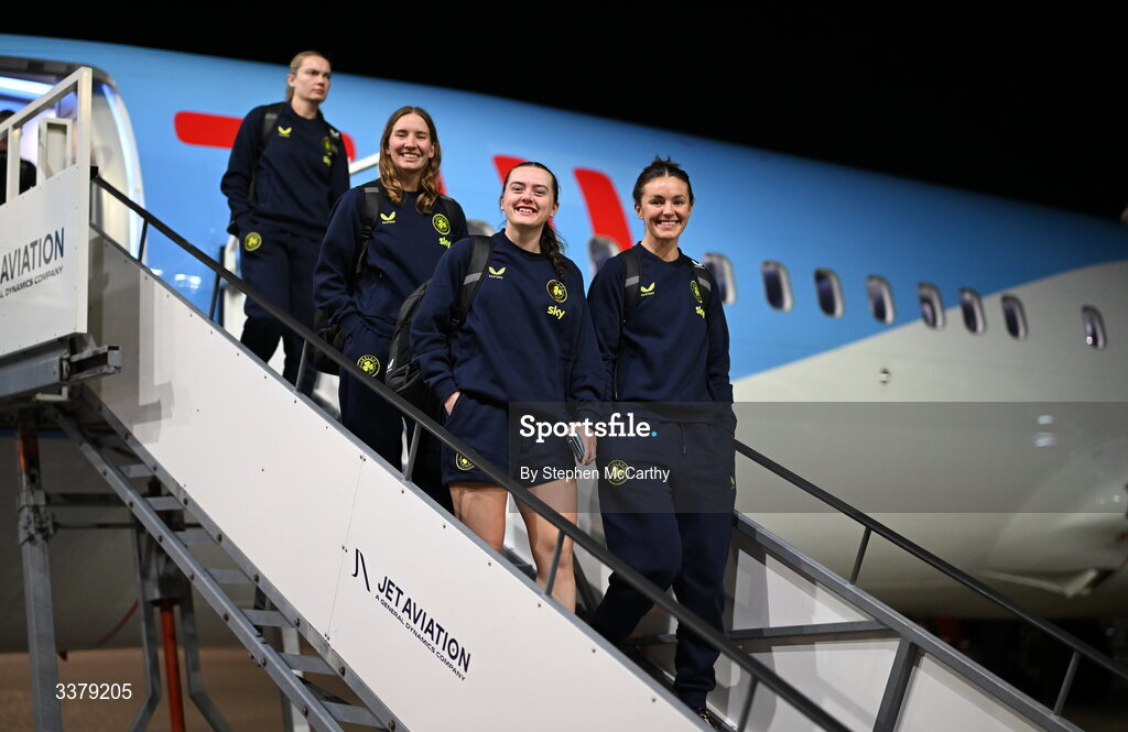 5 March 2026; Republic of Ireland players, from right, Caitlin Hayes, Tyler Toland, goalkeeper Sophie Whitehouse and Saoirse Noonan at Amsterdam's Schiphol Airport following Republic of Ireland women's travel to the Netherlands for their 2027 FIFA Women’s World Cup Qualifier against the Netherlands in Utrecht on Saturday. Photo by Stephen McCarthy/Sportsfile