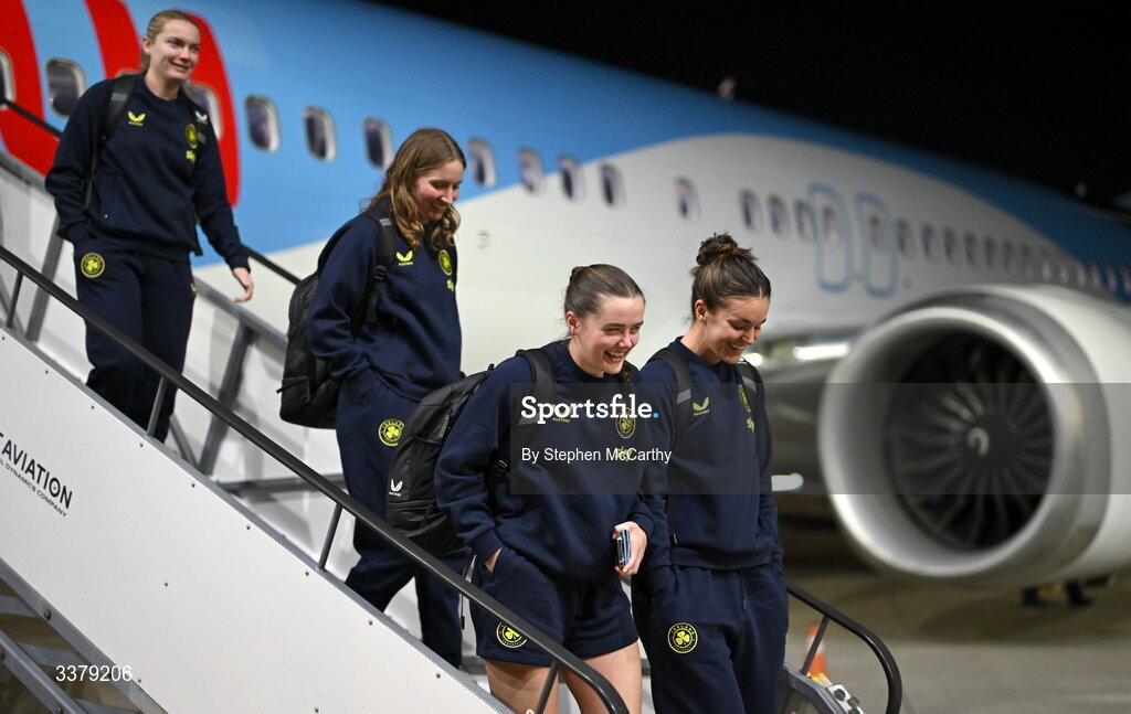 5 March 2026; Republic of Ireland players, from right, Caitlin Hayes, Tyler Toland, goalkeeper Sophie Whitehouse and Saoirse Noonan at Amsterdam's Schiphol Airport following Republic of Ireland women's travel to the Netherlands for their 2027 FIFA Women’s World Cup Qualifier against the Netherlands in Utrecht on Saturday. Photo by Stephen McCarthy/Sportsfile