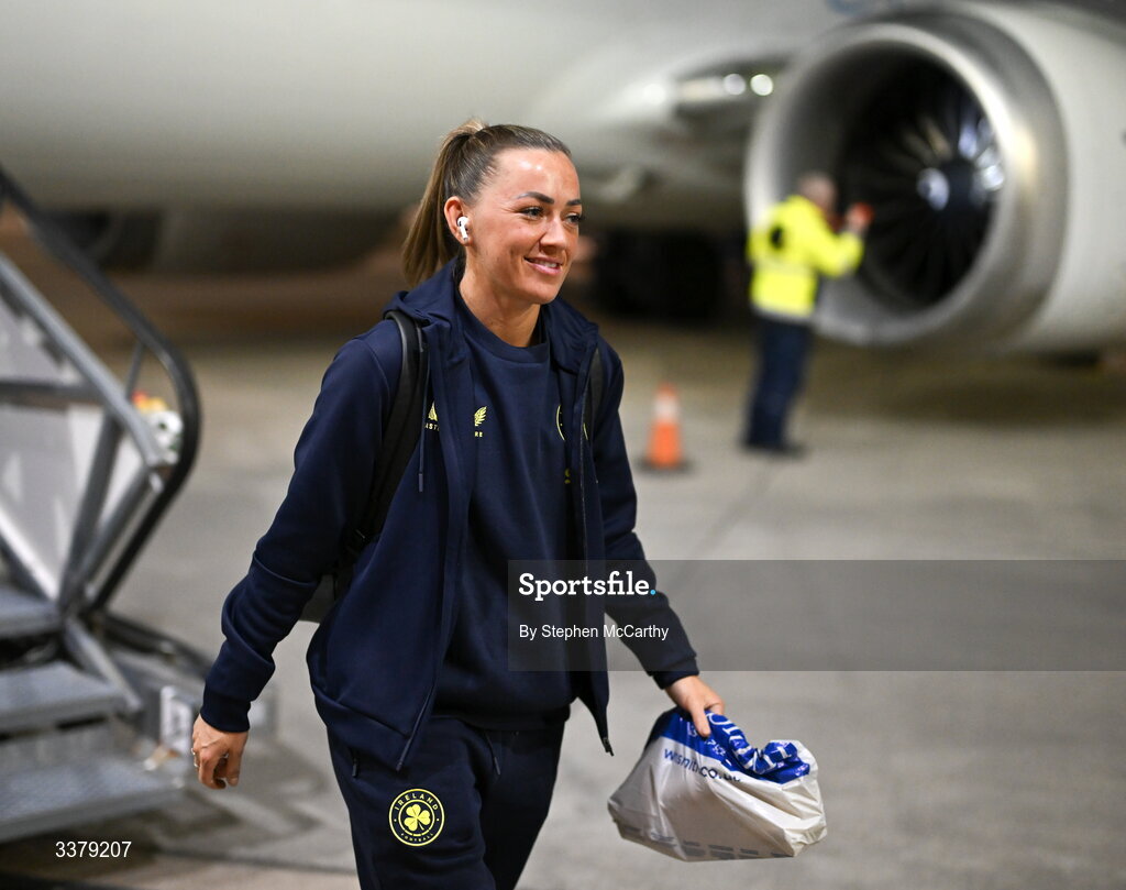 5 March 2026; Republic of Ireland's Katie McCabe at Amsterdam's Schiphol Airport following Republic of Ireland women's travel to the Netherlands for their 2027 FIFA Women’s World Cup Qualifier against the Netherlands in Utrecht on Saturday. Photo by Stephen McCarthy/Sportsfile