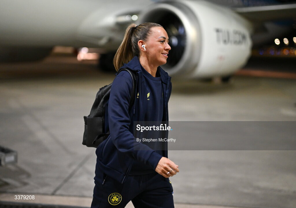 5 March 2026; Republic of Ireland's Katie McCabe at Amsterdam's Schiphol Airport following Republic of Ireland women's travel to the Netherlands for their 2027 FIFA Women’s World Cup Qualifier against the Netherlands in Utrecht on Saturday. Photo by Stephen McCarthy/Sportsfile