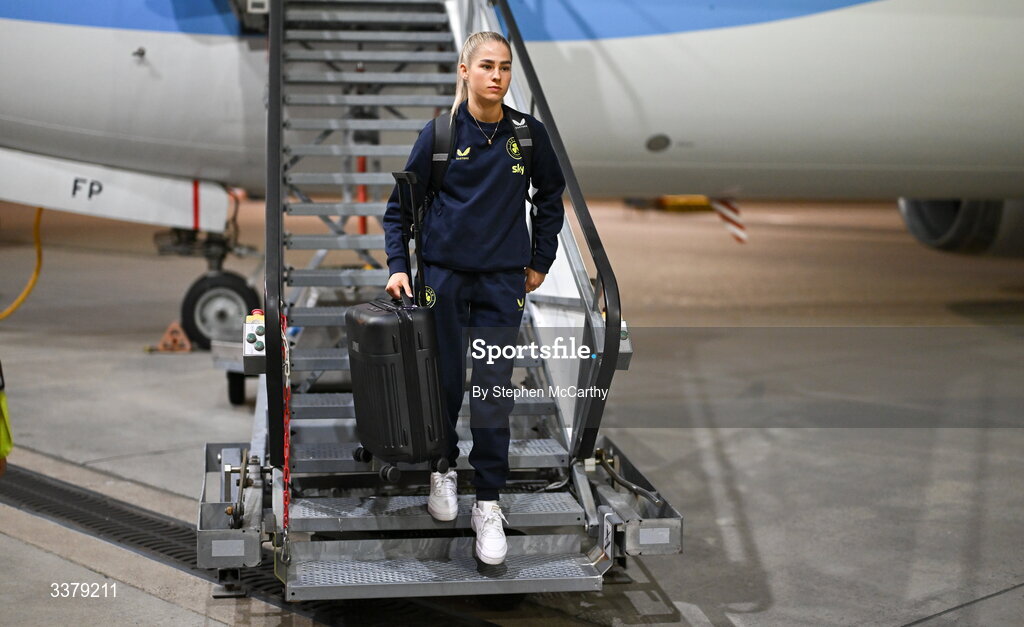 5 March 2026; Republic of Ireland's Tara O'Hanlon at Amsterdam's Schiphol Airport following Republic of Ireland women's travel to the Netherlands for their 2027 FIFA Women’s World Cup Qualifier against the Netherlands in Utrecht on Saturday. Photo by Stephen McCarthy/Sportsfile