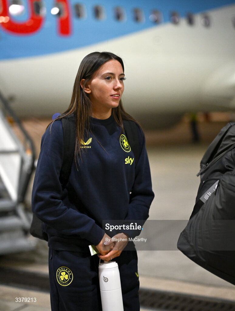 5 March 2026; Republic of Ireland's Abbie Larkin at Amsterdam's Schiphol Airport following Republic of Ireland women's travel to the Netherlands for their 2027 FIFA Women’s World Cup Qualifier against the Netherlands in Utrecht on Saturday. Photo by Stephen McCarthy/Sportsfile