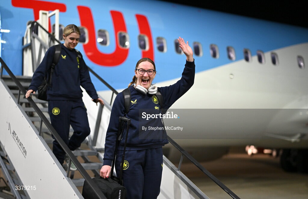 5 March 2026; Republic of Ireland's Courtney Brosnan at Amsterdam's Schiphol Airport following Republic of Ireland women's travel to the Netherlands for their 2027 FIFA Women’s World Cup Qualifier against the Netherlands in Utrecht on Saturday. Photo by Stephen McCarthy/Sportsfile