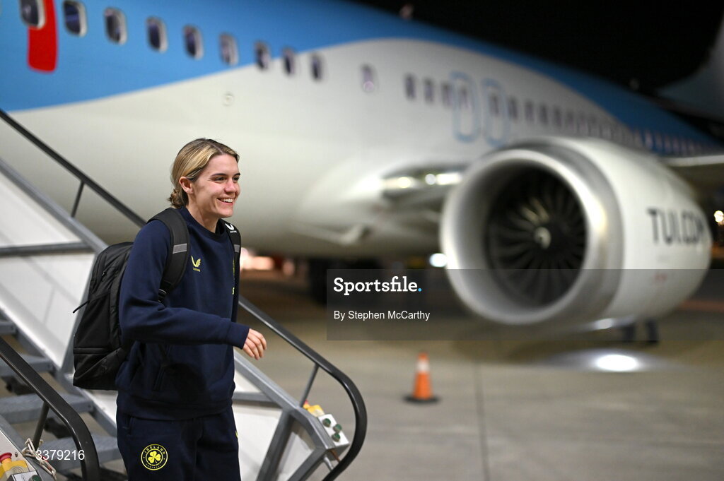 5 March 2026; Republic of Ireland's Jamie Finn at Amsterdam's Schiphol Airport following Republic of Ireland women's travel to the Netherlands for their 2027 FIFA Women’s World Cup Qualifier against the Netherlands in Utrecht on Saturday. Photo by Stephen McCarthy/Sportsfile