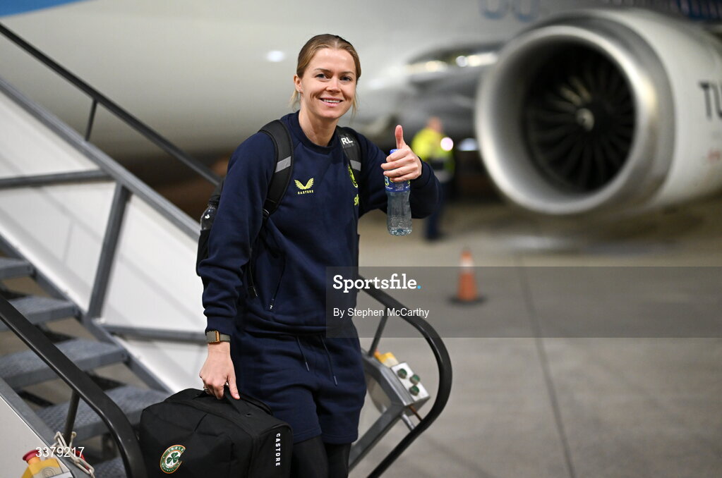 5 March 2026; Republic of Ireland's Ruesha Littlejohn at Amsterdam's Schiphol Airport following Republic of Ireland women's travel to the Netherlands for their 2027 FIFA Women’s World Cup Qualifier against the Netherlands in Utrecht on Saturday. Photo by Stephen McCarthy/Sportsfile