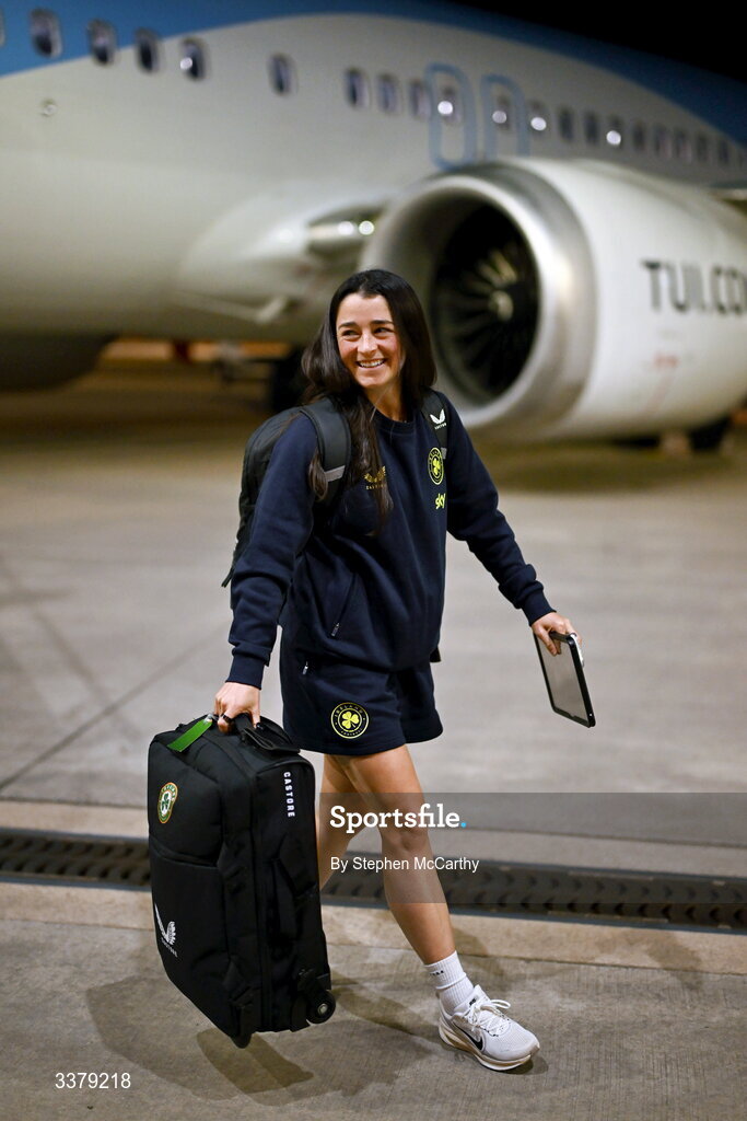 5 March 2026; Republic of Ireland's Marissa Sheva at Amsterdam's Schiphol Airport following Republic of Ireland women's travel to the Netherlands for their 2027 FIFA Women’s World Cup Qualifier against the Netherlands in Utrecht on Saturday. Photo by Stephen McCarthy/Sportsfile