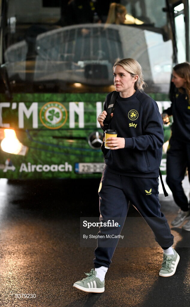 5 March 2026; Republic of Ireland's Jamie Finn at Dublin Airport as Republic of Ireland women travel to the Netherlands for their 2027 FIFA Women’s World Cup Qualifier against the Netherlands in Utrecht on Saturday. Photo by Stephen McCarthy/Sportsfile