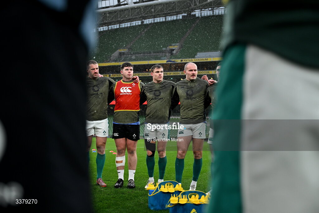 5 March 2026; Players, from left, Stuart McCloskey, Billy Bohan, Garry Ringrose and Jacob Stockdale during an Ireland Rugby squad captain's run at the Aviva Stadium in Dublin. Photo by Brendan Moran/Sportsfile