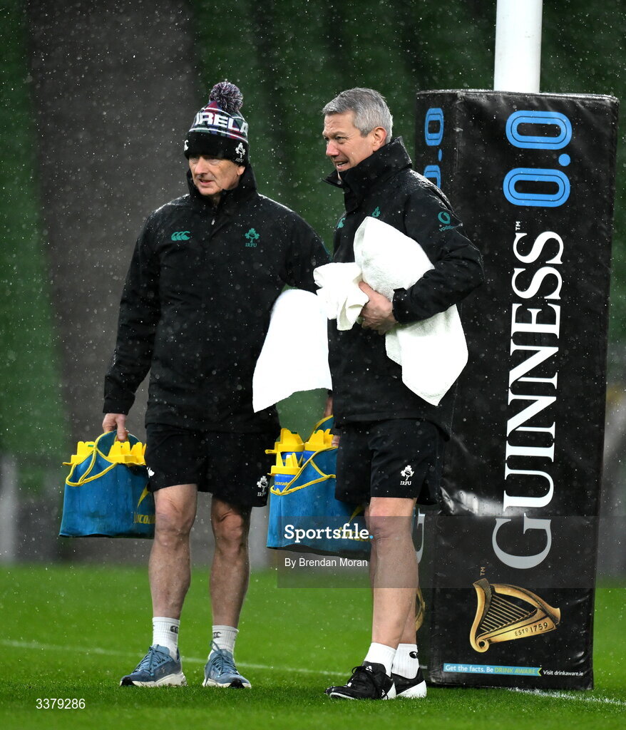 5 March 2026; Soft tissue therapists Dave Revins, left, and Chris Jones during an Ireland Rugby squad captain's run at the Aviva Stadium in Dublin. Photo by Brendan Moran/Sportsfile
