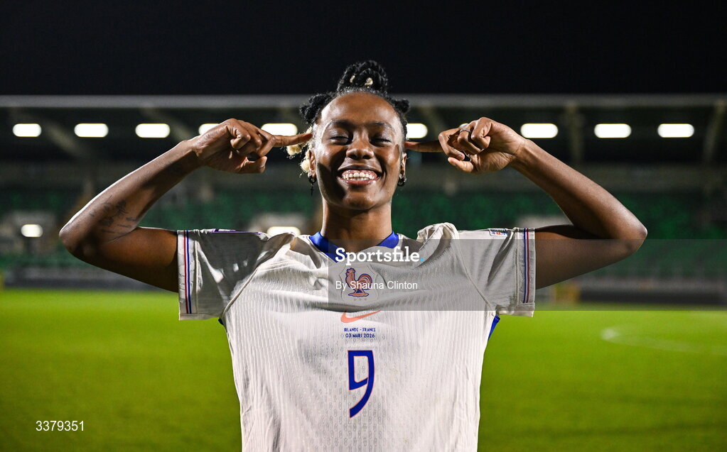 3 March 2026; Melvine Malard of France after her side's victory in the 2027 FIFA Women’s World Cup Qualifier match between Republic of Ireland and France at Tallaght Stadium in Dublin. Photo by Shauna Clinton/Sportsfile Photo by Shauna Clinton/Sportsfile