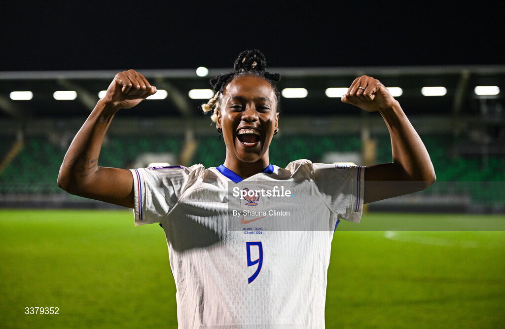 3 March 2026; Melvine Malard of France after her side's victory in the 2027 FIFA Women’s World Cup Qualifier match between Republic of Ireland and France at Tallaght Stadium in Dublin. Photo by Shauna Clinton/Sportsfile Photo by Shauna Clinton/Sportsfile