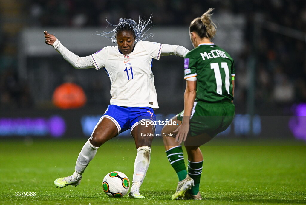 3 March 2026; Kadidiatou Diani of France in action against Katie McCabe of Republic of Ireland during the 2027 FIFA Women’s World Cup Qualifier match between Republic of Ireland and France at Tallaght Stadium in Dublin. Photo by Shauna Clinton/Sportsfile