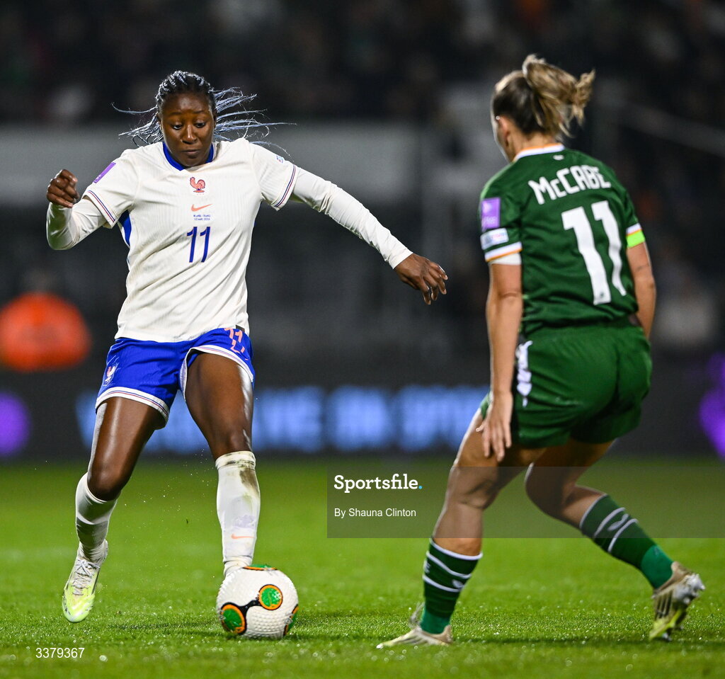 3 March 2026; Kadidiatou Diani of France in action against Katie McCabe of Republic of Ireland during the 2027 FIFA Women’s World Cup Qualifier match between Republic of Ireland and France at Tallaght Stadium in Dublin. Photo by Shauna Clinton/Sportsfile