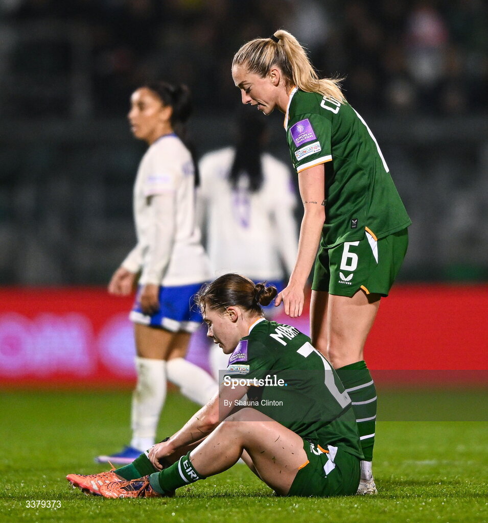3 March 2026; Republic of Ireland players Emily Murphy, left, and Megan Connolly during the 2027 FIFA Women’s World Cup Qualifier match between Republic of Ireland and France at Tallaght Stadium in Dublin. Photo by Shauna Clinton/Sportsfile
