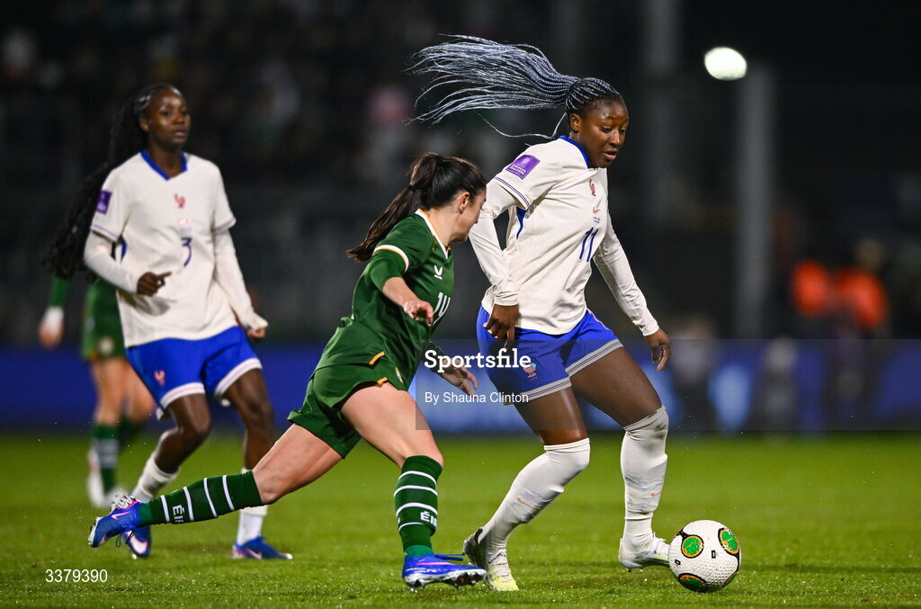 3 March 2026; Kadidiatou Diani of France in action against Marissa Sheva of Republic of Ireland during the 2027 FIFA Women’s World Cup Qualifier match between Republic of Ireland and France at Tallaght Stadium in Dublin. Photo by Shauna Clinton/Sportsfile