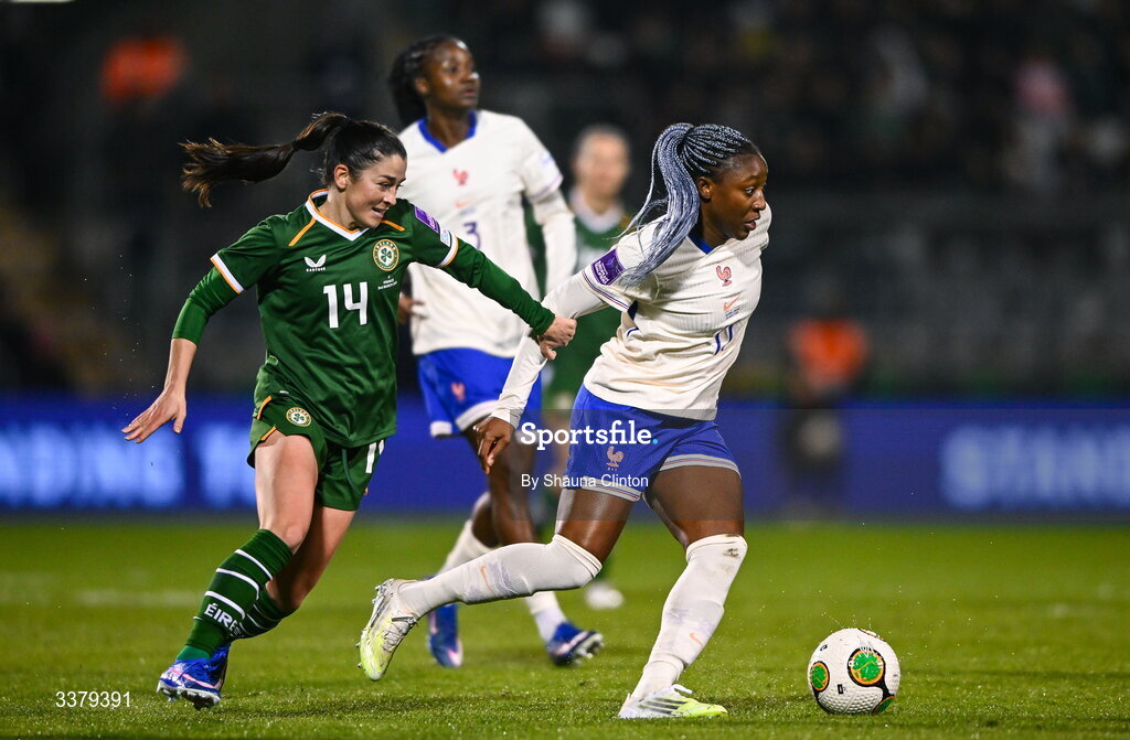 3 March 2026; Kadidiatou Diani of France in action against Marissa Sheva of Republic of Ireland during the 2027 FIFA Women’s World Cup Qualifier match between Republic of Ireland and France at Tallaght Stadium in Dublin. Photo by Shauna Clinton/Sportsfile