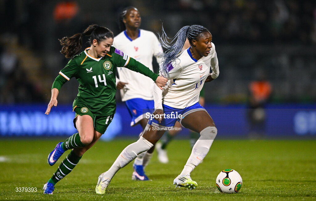 3 March 2026; Kadidiatou Diani of France in action against Marissa Sheva of Republic of Ireland during the 2027 FIFA Women’s World Cup Qualifier match between Republic of Ireland and France at Tallaght Stadium in Dublin. Photo by Shauna Clinton/Sportsfile
