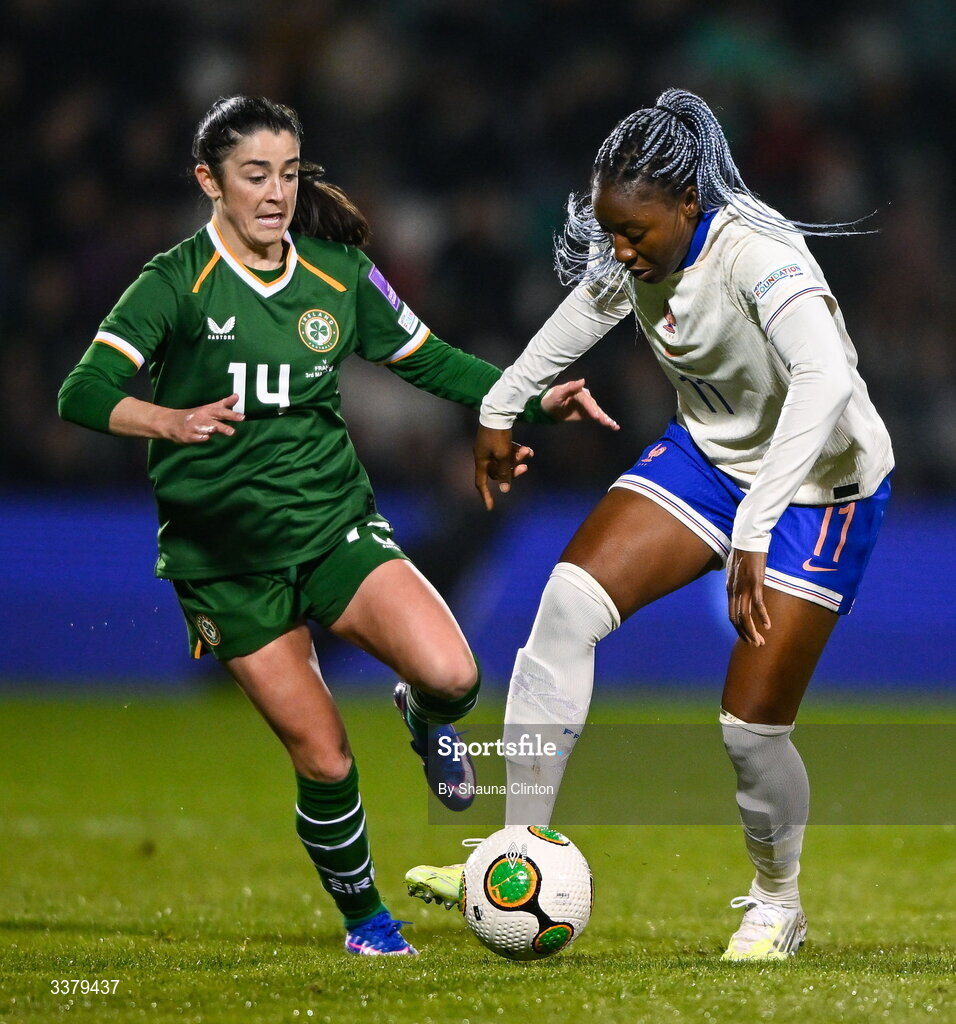 3 March 2026; Kadidiatou Diani of France in action against Marissa Sheva of Republic of Ireland during the 2027 FIFA Women’s World Cup Qualifier match between Republic of Ireland and France at Tallaght Stadium in Dublin. Photo by Shauna Clinton/Sportsfile
