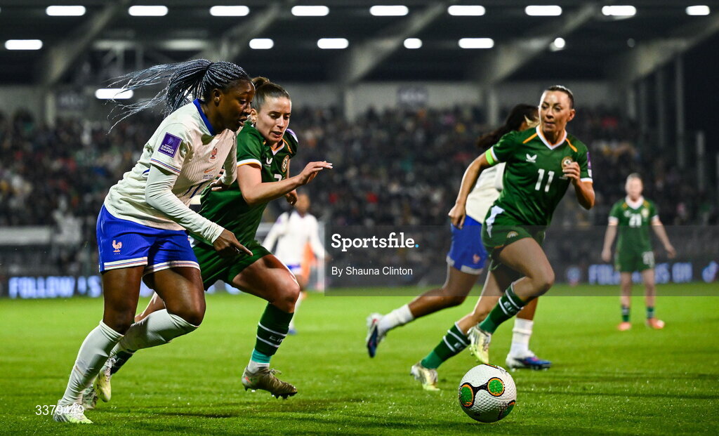 3 March 2026; Kadidiatou Diani of France in action against Chloe Mustaki of Republic of Ireland during the 2027 FIFA Women’s World Cup Qualifier match between Republic of Ireland and France at Tallaght Stadium in Dublin. Photo by Shauna Clinton/Sportsfile Photo by Shauna Clinton/Sportsfile
