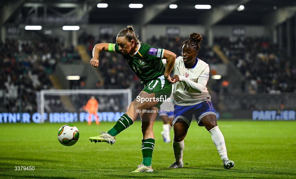 3 March 2026; Katie McCabe of Republic of Ireland in action against Sandy Baltimore of France during the 2027 FIFA Women’s World Cup Qualifier match between Republic of Ireland and France at Tallaght Stadium in Dublin. Photo by Shauna Clinton/Sportsfile Photo by Shauna Clinton/Sportsfile