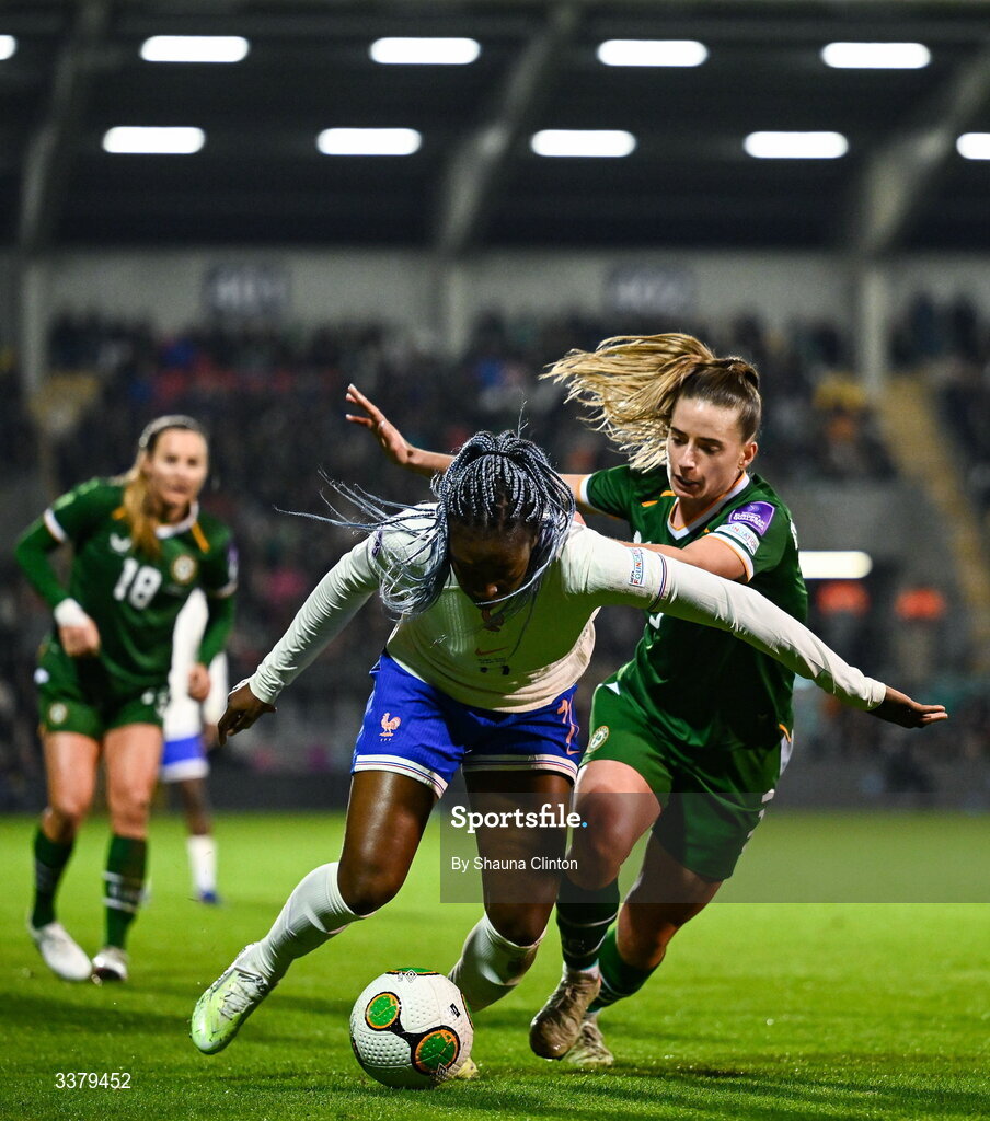 3 March 2026; Kadidiatou Diani of France in action against Chloe Mustaki of Republic of Ireland during the 2027 FIFA Women’s World Cup Qualifier match between Republic of Ireland and France at Tallaght Stadium in Dublin. Photo by Shauna Clinton/Sportsfile Photo by Shauna Clinton/Sportsfile
