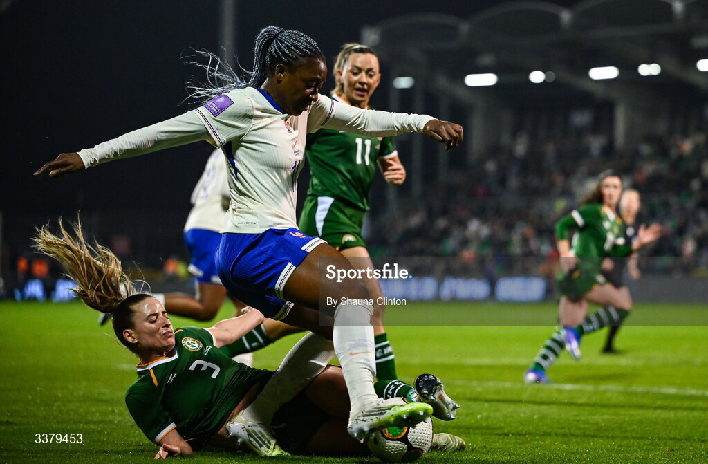 3 March 2026; Kadidiatou Diani of France in action against Chloe Mustaki of Republic of Ireland during the 2027 FIFA Women’s World Cup Qualifier match between Republic of Ireland and France at Tallaght Stadium in Dublin. Photo by Shauna Clinton/Sportsfile Photo by Shauna Clinton/Sportsfile
