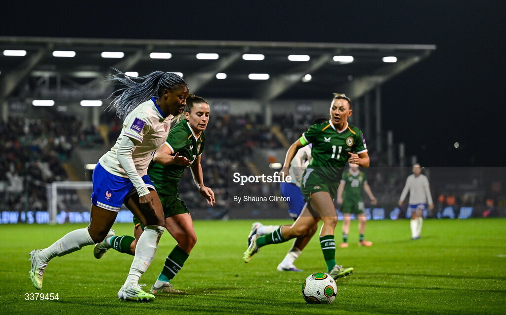 3 March 2026; Kadidiatou Diani of France in action against Chloe Mustaki of Republic of Ireland during the 2027 FIFA Women’s World Cup Qualifier match between Republic of Ireland and France at Tallaght Stadium in Dublin. Photo by Shauna Clinton/Sportsfile Photo by Shauna Clinton/Sportsfile