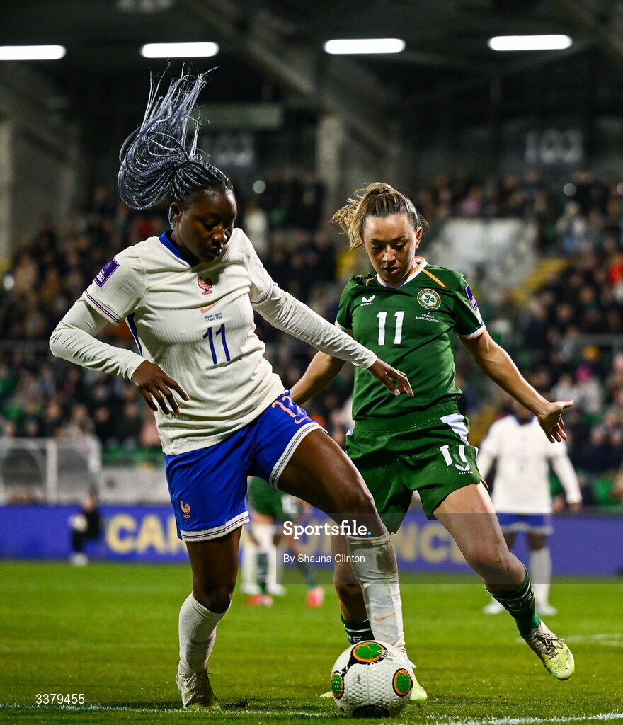 3 March 2026; Katie McCabe of Republic of Ireland in action against Kadidiatou Diani of France during the 2027 FIFA Women’s World Cup Qualifier match between Republic of Ireland and France at Tallaght Stadium in Dublin. Photo by Shauna Clinton/Sportsfile Photo by Shauna Clinton/Sportsfile