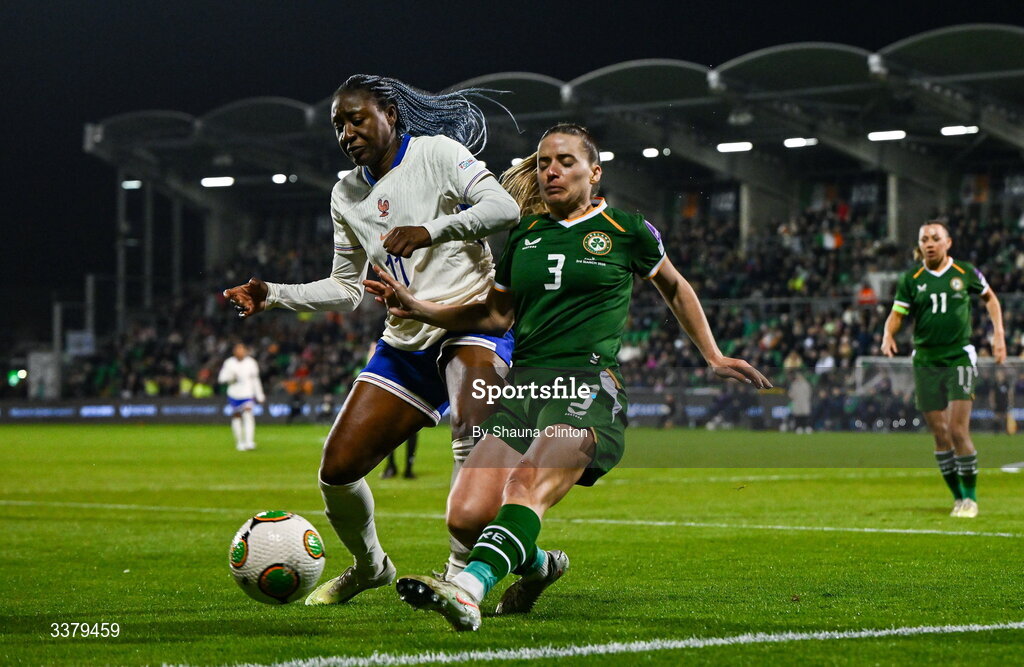 3 March 2026; Kadidiatou Diani of France in action against Chloe Mustaki of Republic of Ireland during the 2027 FIFA Women’s World Cup Qualifier match between Republic of Ireland and France at Tallaght Stadium in Dublin. Photo by Shauna Clinton/Sportsfile Photo by Shauna Clinton/Sportsfile