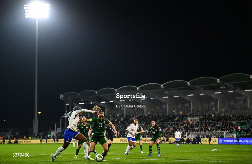 3 March 2026; Katie McCabe of Republic of Ireland in action against Kadidiatou Diani of France during the 2027 FIFA Women’s World Cup Qualifier match between Republic of Ireland and France at Tallaght Stadium in Dublin. Photo by Shauna Clinton/Sportsfile Photo by Shauna Clinton/Sportsfile
