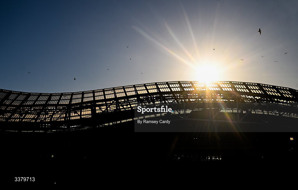 6 March 2026; Birds fly over the stadium at sunset before the Guinness 6 Nations Rugby Championship match between Ireland and Wales at the Aviva Stadium in Dublin. Photo by Ramsey Cardy/Sportsfile