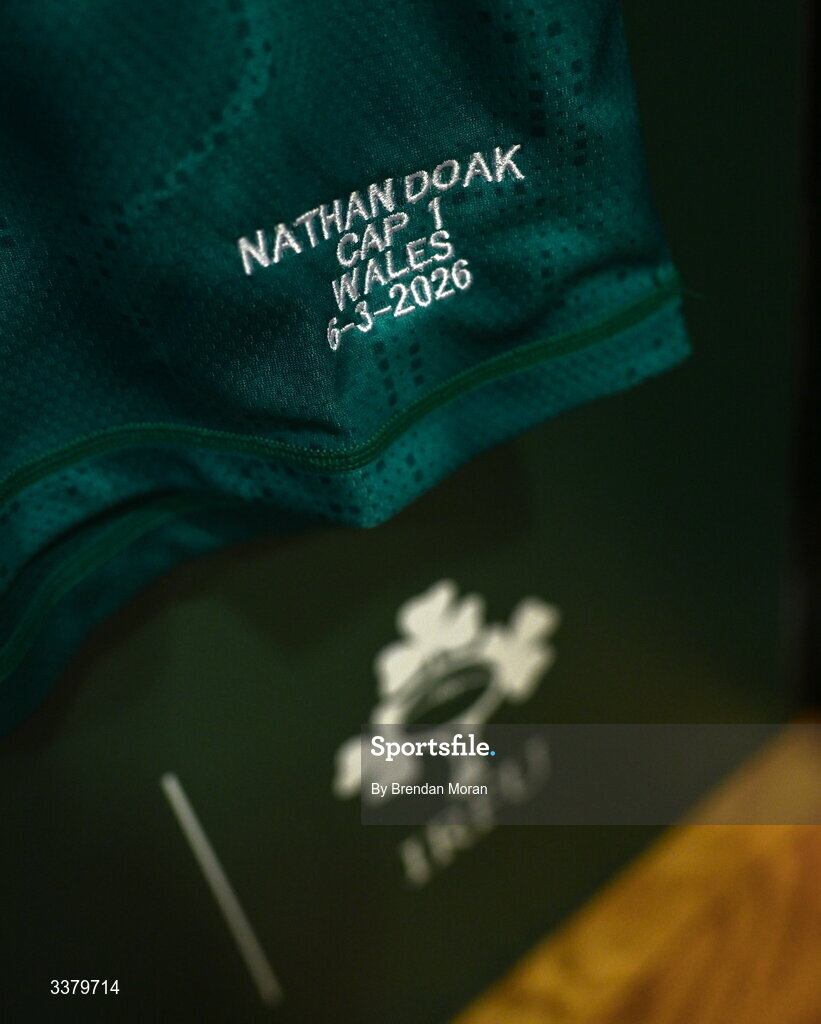 6 March 2026; The jersey of Nathan Doak in the Ireland dresingroom before the Guinness 6 Nations Rugby Championship match between Ireland and Wales at the Aviva Stadium in Dublin. Photo by Brendan Moran/Sportsfile
