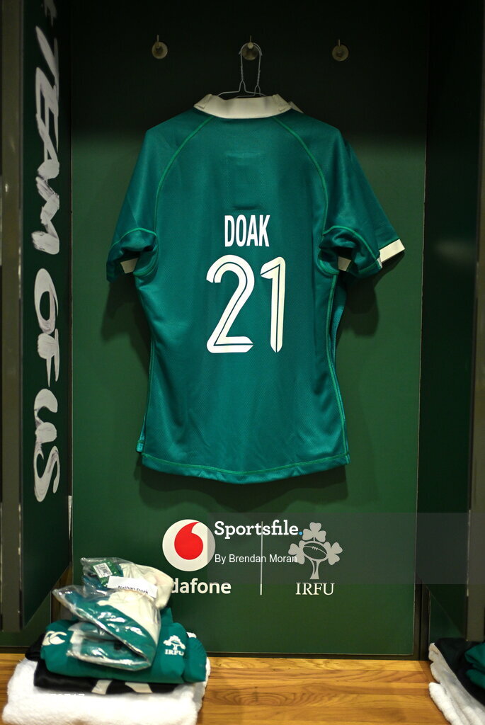 6 March 2026; The jersey of Nathan Doak in the Ireland dresingroom before the Guinness 6 Nations Rugby Championship match between Ireland and Wales at the Aviva Stadium in Dublin. Photo by Brendan Moran/Sportsfile