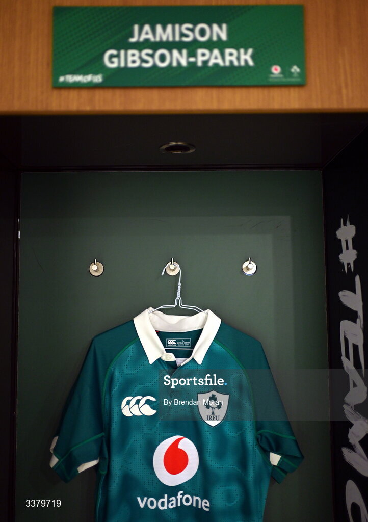 6 March 2026; The jersey of Jamison Gibson-Park in the Ireland dresingroom before the Guinness 6 Nations Rugby Championship match between Ireland and Wales at the Aviva Stadium in Dublin. Photo by Brendan Moran/Sportsfile