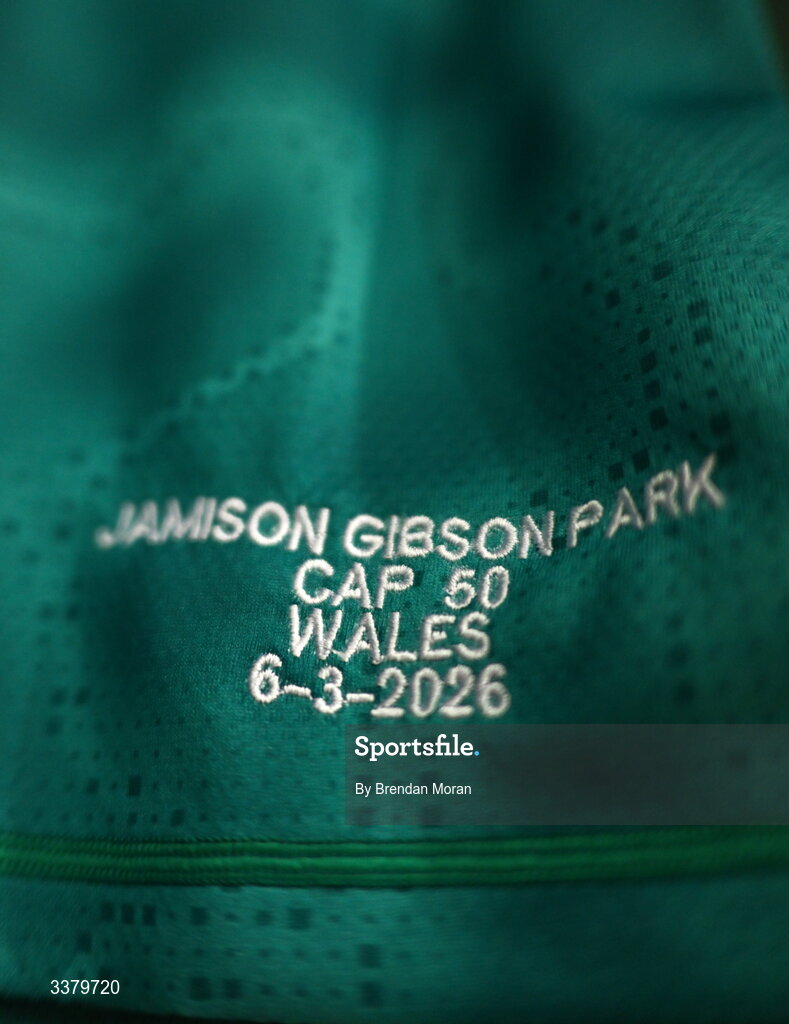 6 March 2026; The jersey of Jamison Gibson-Park in the Ireland dresingroom before the Guinness 6 Nations Rugby Championship match between Ireland and Wales at the Aviva Stadium in Dublin. Photo by Brendan Moran/Sportsfile