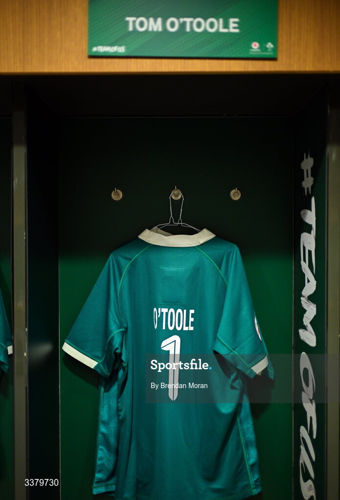 6 March 2026; The jersey of Tom O’Toole in the Ireland dresingroom before the Guinness 6 Nations Rugby Championship match between Ireland and Wales at the Aviva Stadium in Dublin. Photo by Brendan Moran/Sportsfile