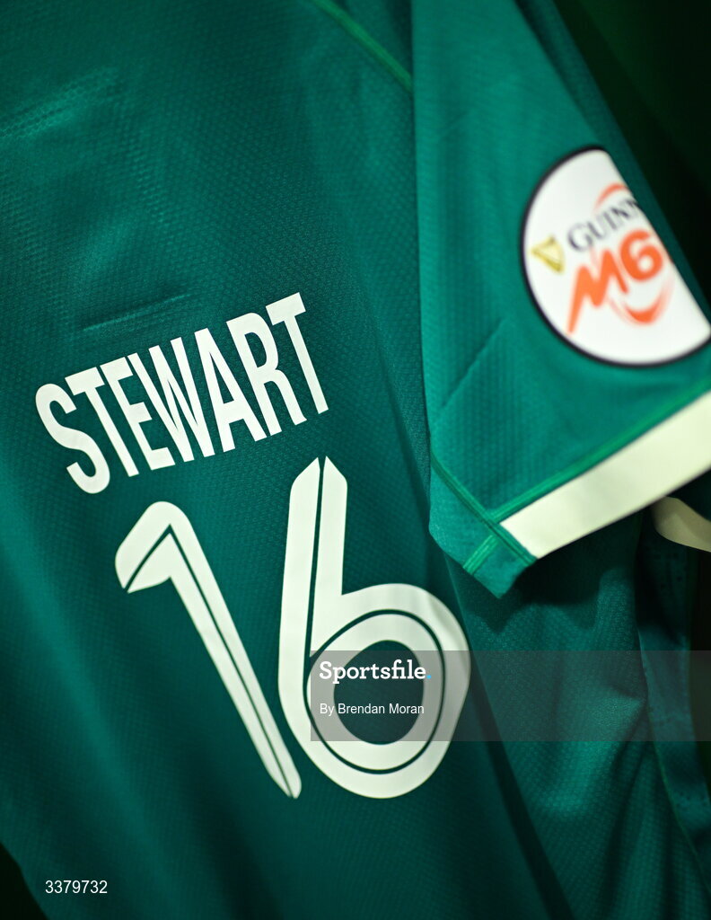 6 March 2026; The jersey of Tom Stewart in the Ireland dresingroom before the Guinness 6 Nations Rugby Championship match between Ireland and Wales at the Aviva Stadium in Dublin. Photo by Brendan Moran/Sportsfile