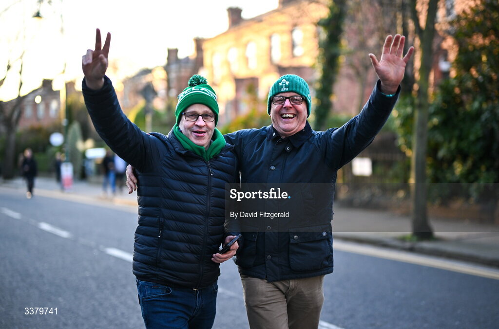 6 March 2026; Ireland supporters arrive ahead of the Guinness 6 Nations Rugby Championship match between Ireland and Wales at the Aviva Stadium in Dublin. Photo by David Fitzgerald/Sportsfile