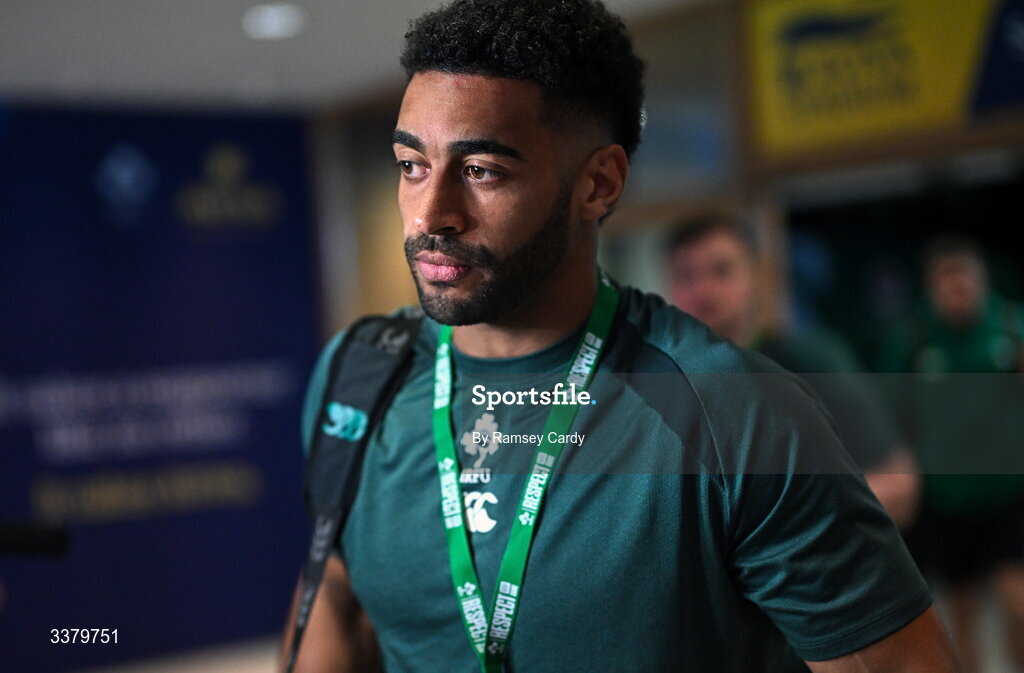 6 March 2026; Robert Baloucoune of Ireland arrives ahead of the Guinness 6 Nations Rugby Championship match between Ireland and Wales at the Aviva Stadium in Dublin. Photo by Ramsey Cardy/Sportsfile