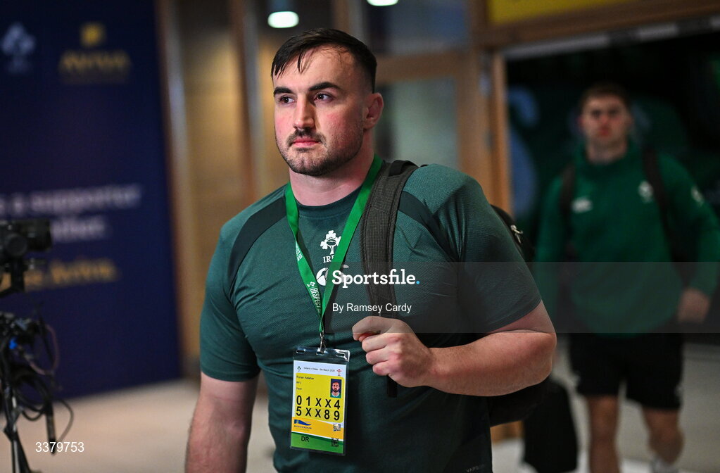 6 March 2026; Rónan Kelleher of Ireland arrives ahead of the Guinness 6 Nations Rugby Championship match between Ireland and Wales at the Aviva Stadium in Dublin. Photo by Ramsey Cardy/Sportsfile